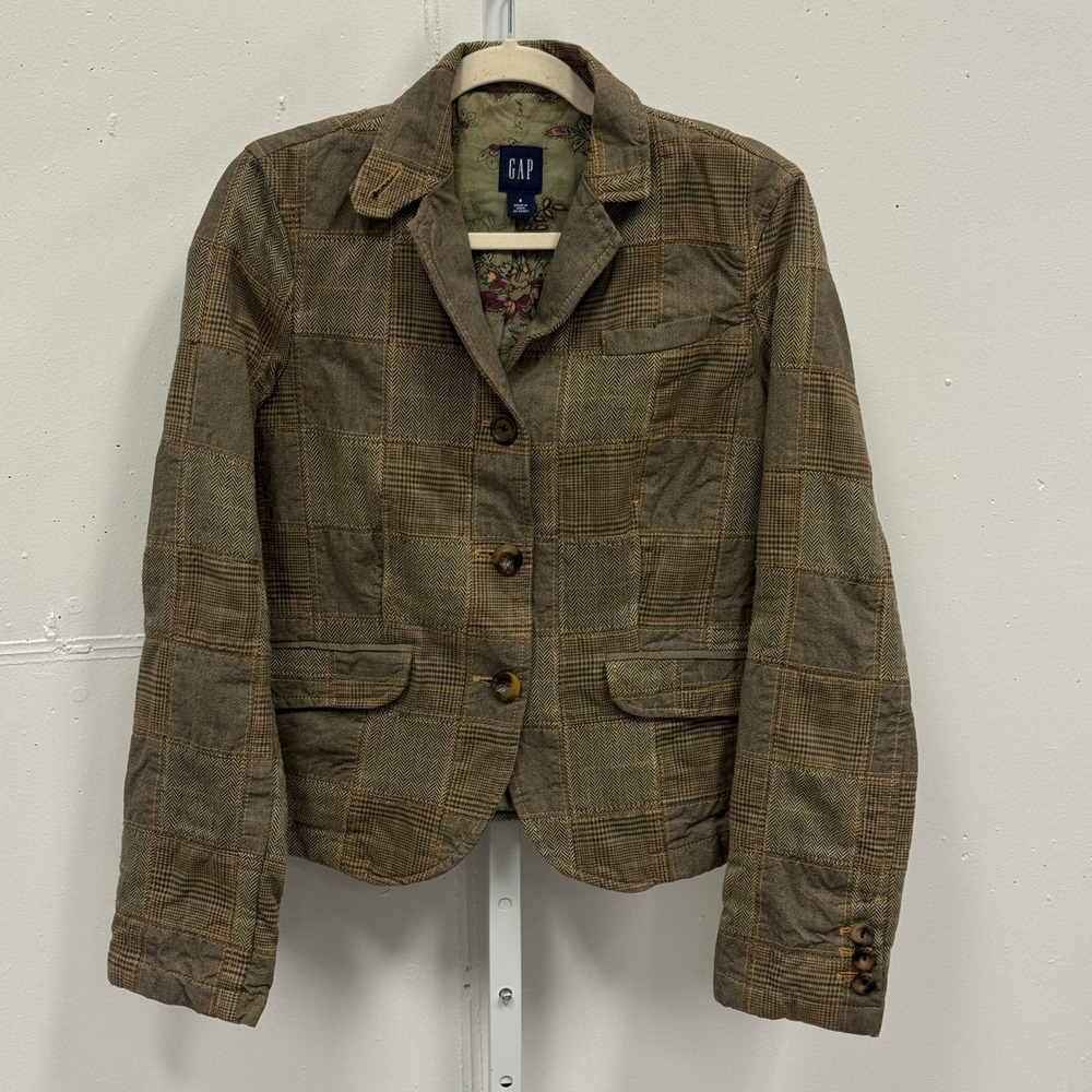Y2K Gap Women's Brown Patchwork Plaid Herringbone Blazer Jacket Size 6 Earthtone